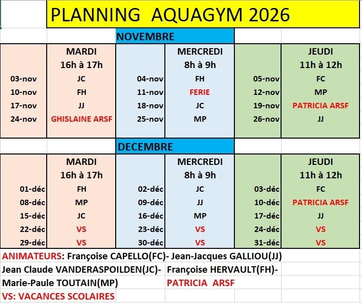 Planning aquagym 2