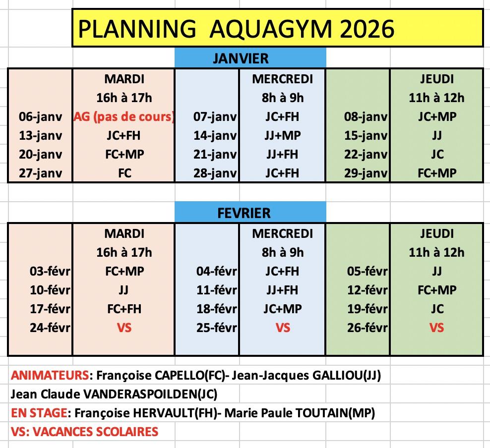 Planning aquagym 2026 janv et fev 1