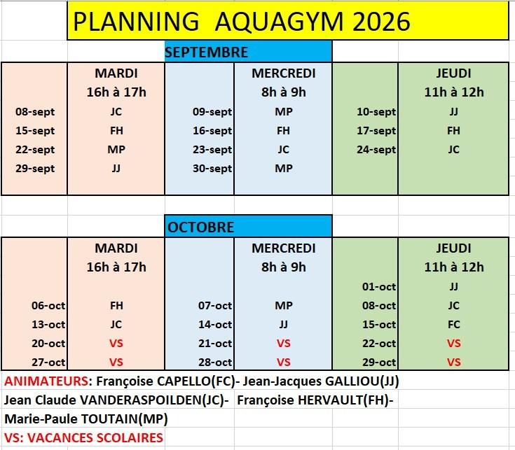 Planning aquagym sept oct 2026